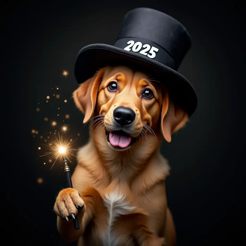 dog, magic wand in paw, magician's cap on his head, dark background, sparkles around, new year 2025