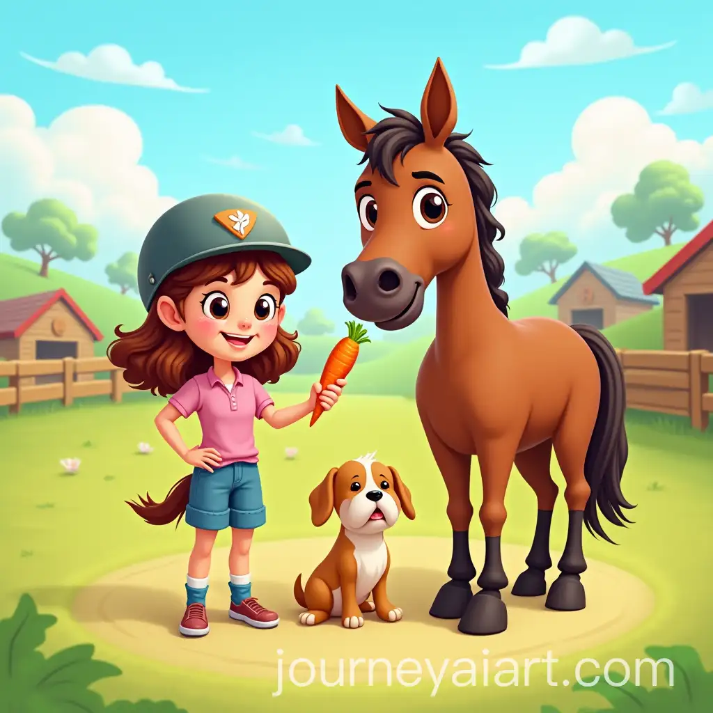 Young-Girl-Feeding-Brown-Horse-on-aAI-Image-Prompt-Expansion-Sunny-Farm-with-a-Happy-Dog