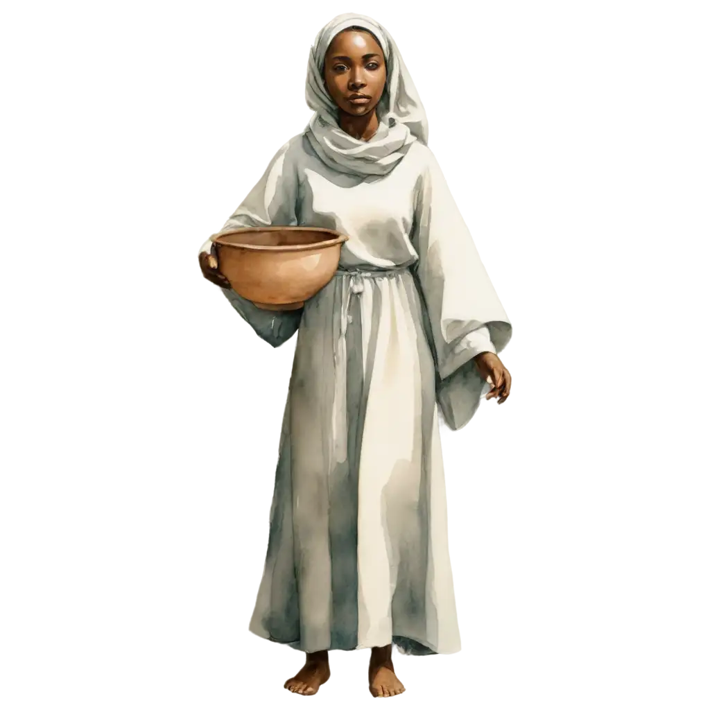 Watercolor painting of a African American woman from Jesus' time, dressed in simple, flowing robes with a headscarf. She carries a pot on her head.