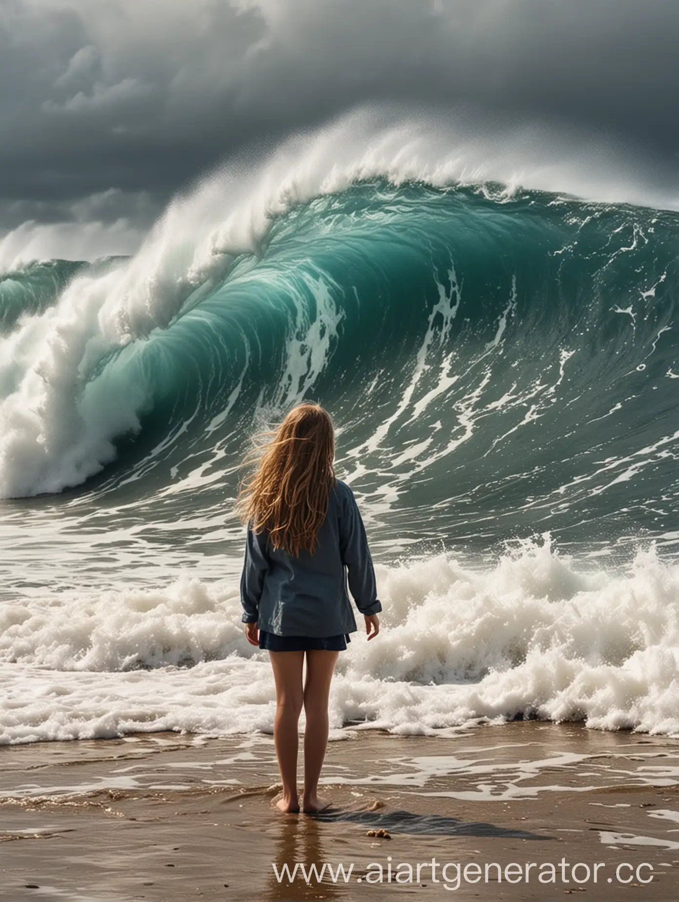 The tsunami wave is behind the girl who is in the foreground, the girl is much smaller than the wave