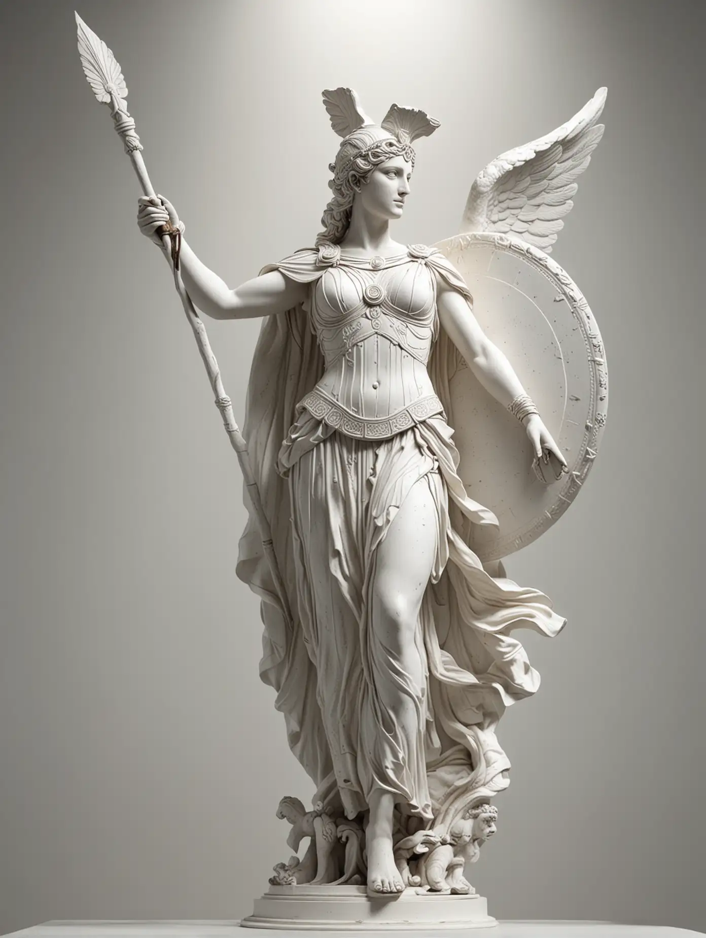 Hyperrealistic White Statue of Goddess Athena with Shield and Spear