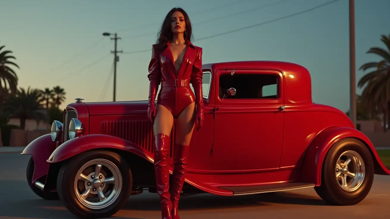 Woman-in-Red-PVC-Jumpsuit-Standing-Next-to-Ford-32-Hot-Rod-on-Californian-Street-at-Dusk