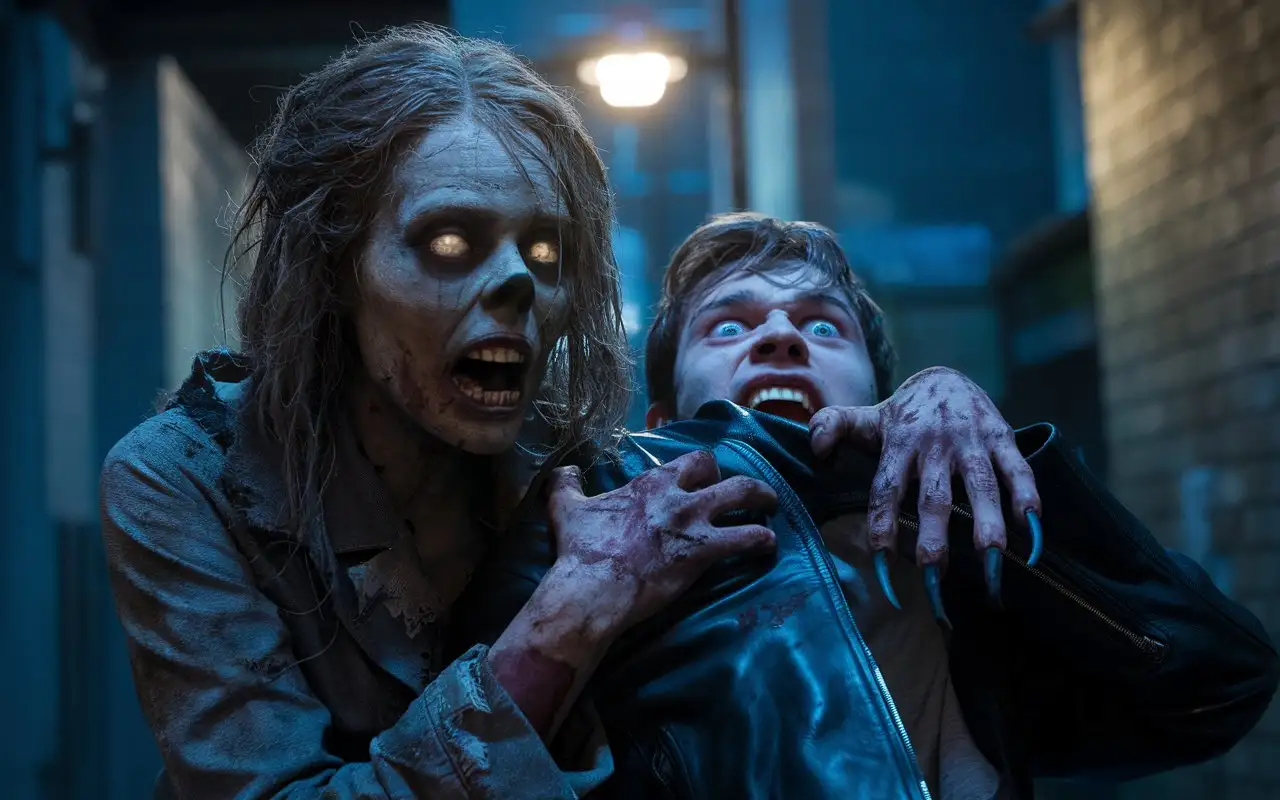 A terrifying night scene of a decaying zombie woman with matted hair and tattered modern clothing attacking a young man in a dimly lit urban alley. Her pale, grotesque face contorted in hunger, with glowing eyes and teeth. Her hands, featuring long, curved, dirt-encrusted fingernails, are firmly gripping the man's leather jacket. The man's face shows pure horror as he attempts to break free. The scene is illuminated by a flickering street lamp, creating dramatic shadows. Cinematic composition, horror movie style, high detail, dark atmosphere.  Wide-angle