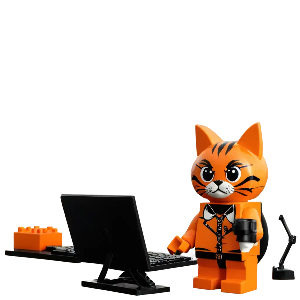 Black and orange lego cat sit with a man on his desk working at a computer