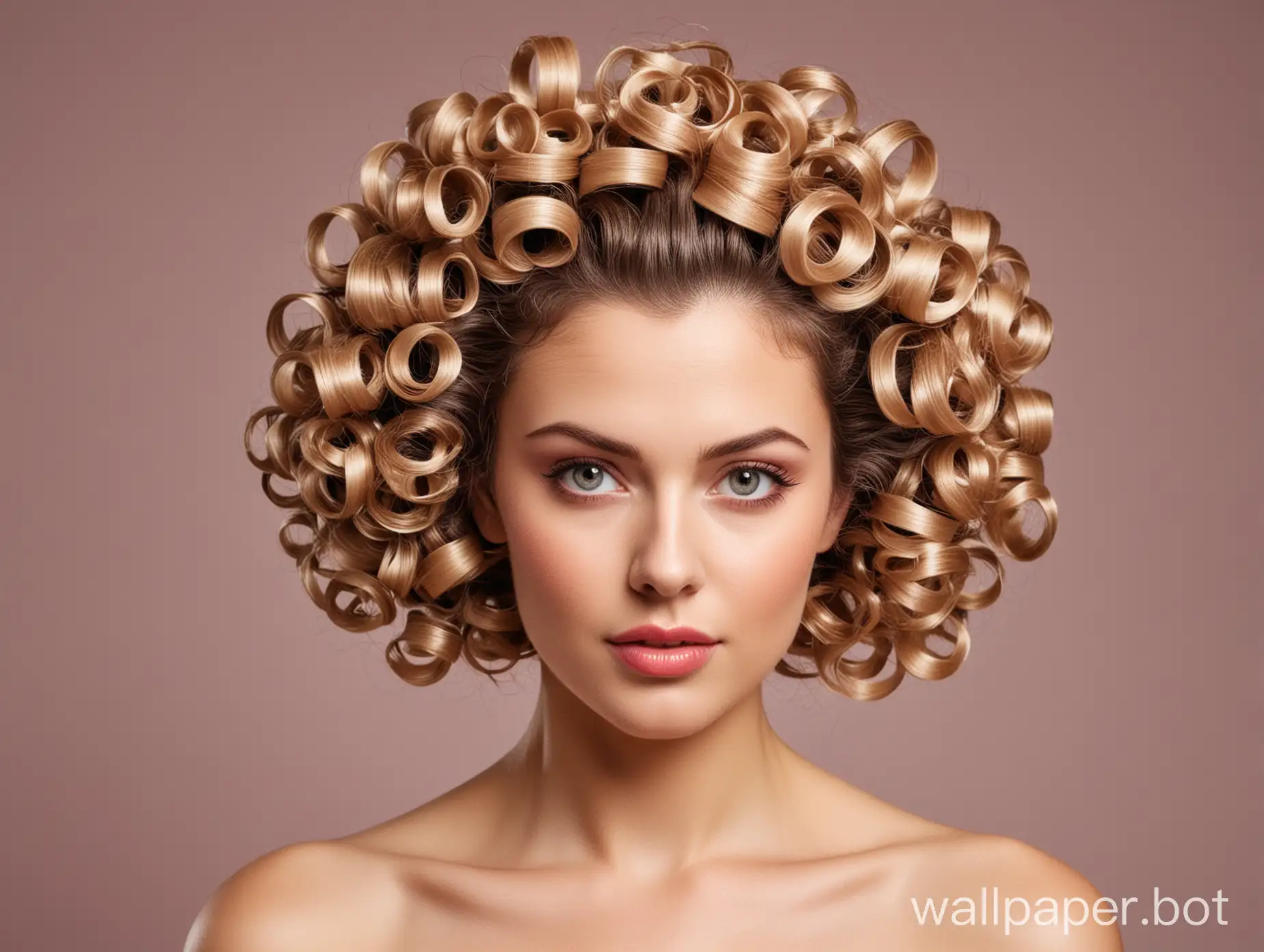 A ladyin her 30's is having her hair permed. The curlers are placed with no plan or scheme, and the model is unaware of the mess.