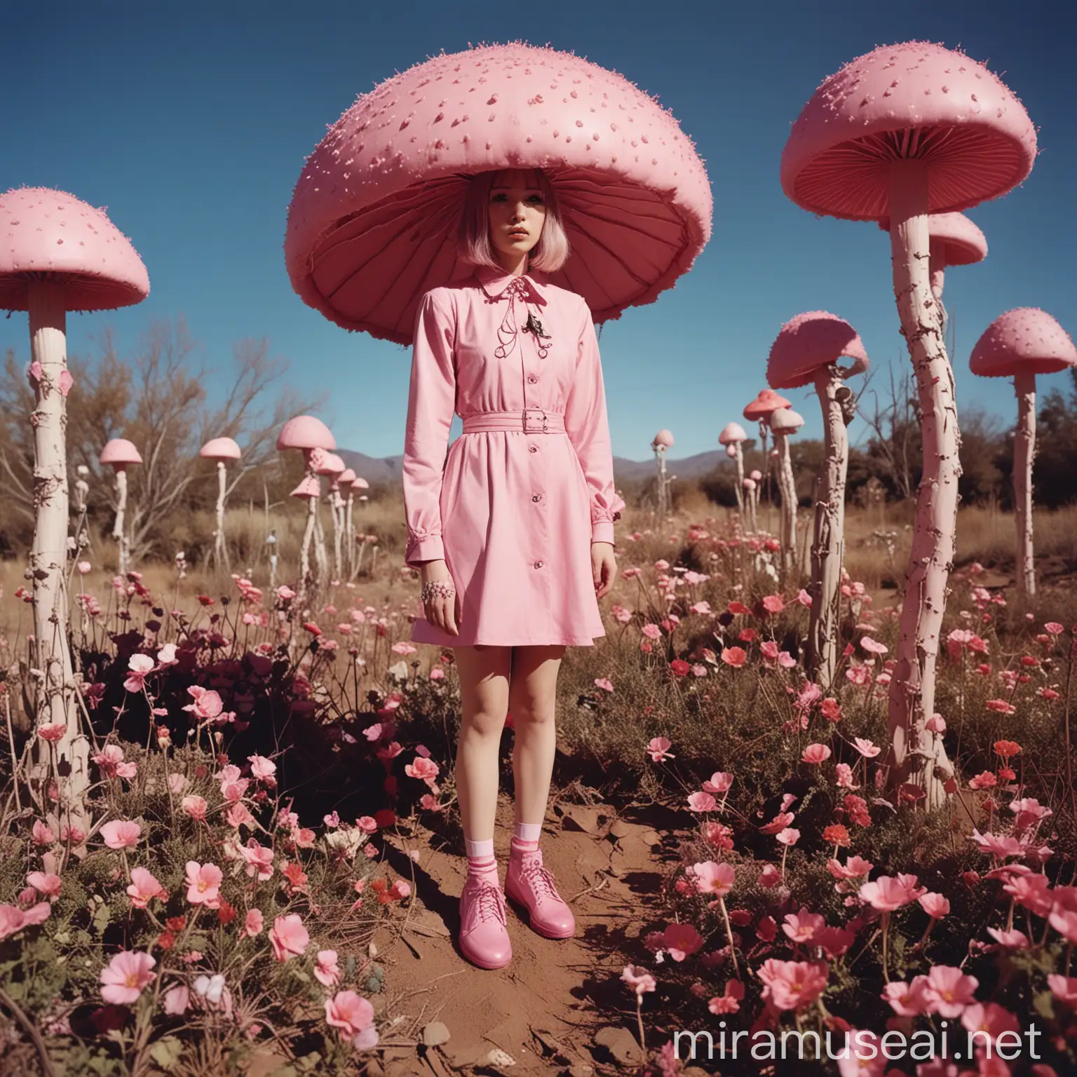 Surrealist Automatons in Mori Kei Style with Pink Mushroom and Flowers Installation