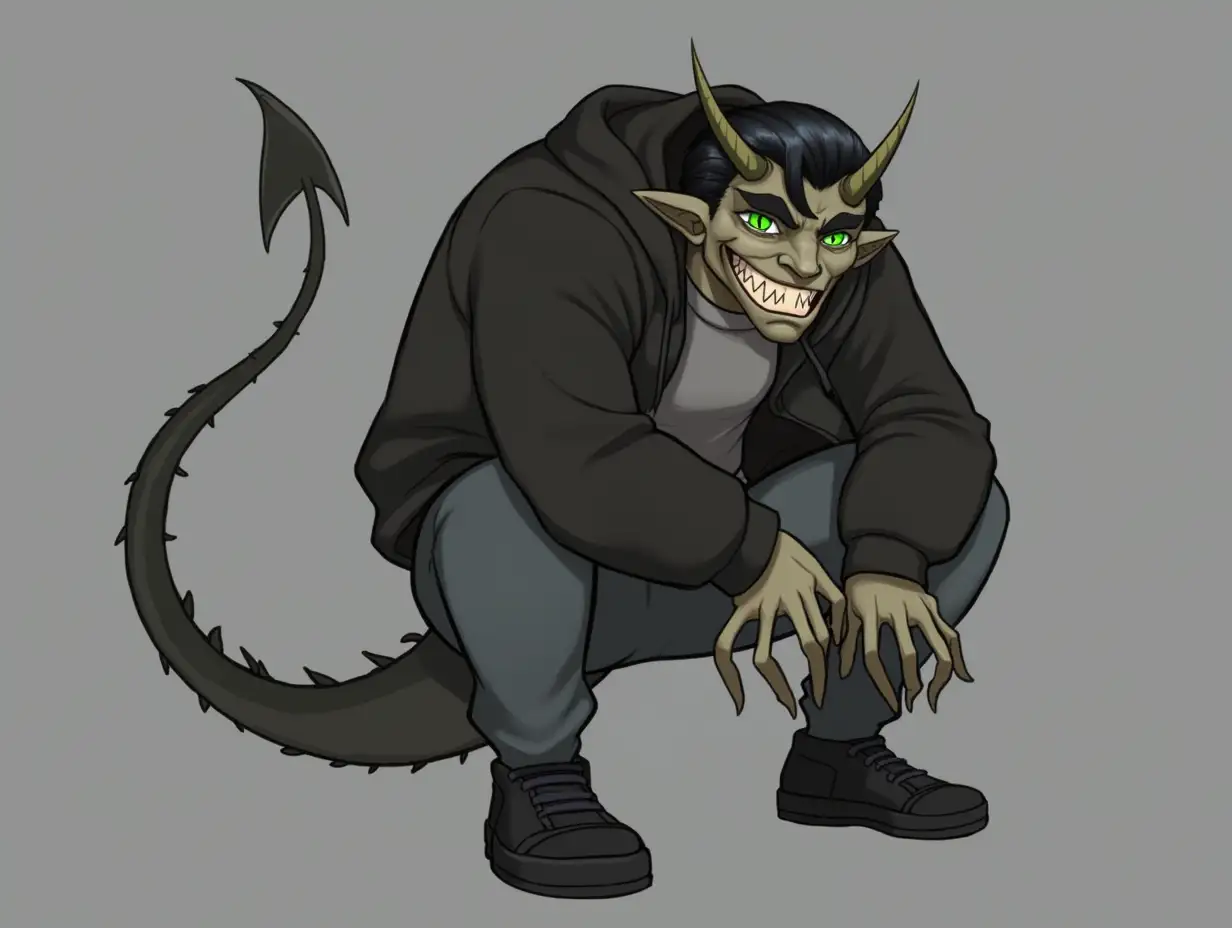 LuciusnA demon race , 2 meters 12 centimeters tall. nHe wears black sneakers, dark gray pants, a gray T-shirt and a black hoodie nHe has green eyes and instead of regular teeth , he has shark teeth . nThe hair is black of medium length. The background is a friendly and kind hell, he looks at it with a smile.