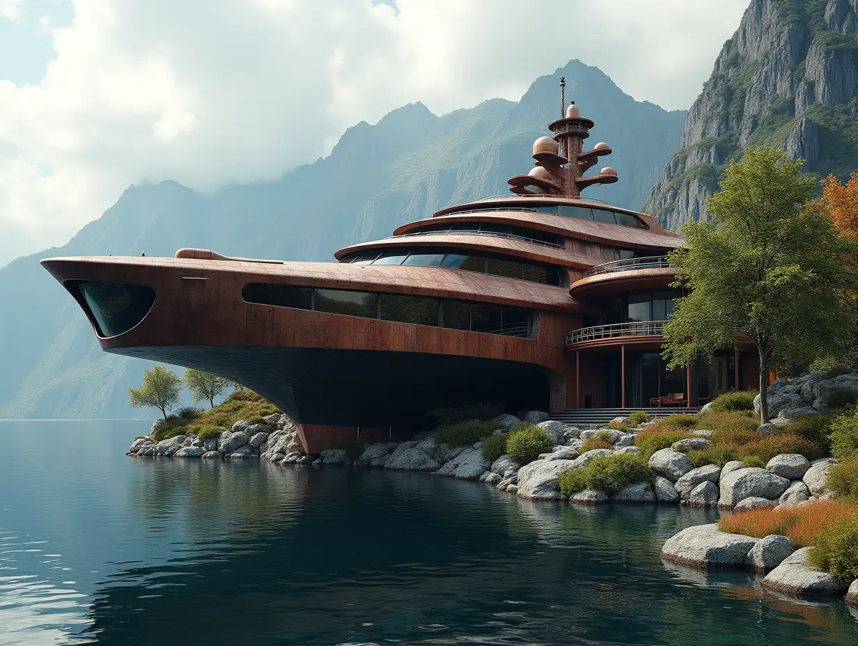 Create a high-resolution realistic image in 4k resolution a futuristic building rusty with black patterned Gebäude with curved pillars, Mountains large trees, rocks flowers a futuristic very large yacht with Glass window cloudy sky