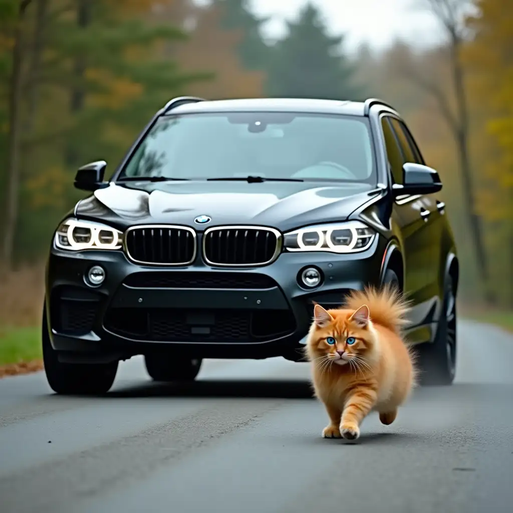 A large, tinted glass, black BMW X5M chases a fluffy red cat with blue eyes, who runs away in fear along the road, picture