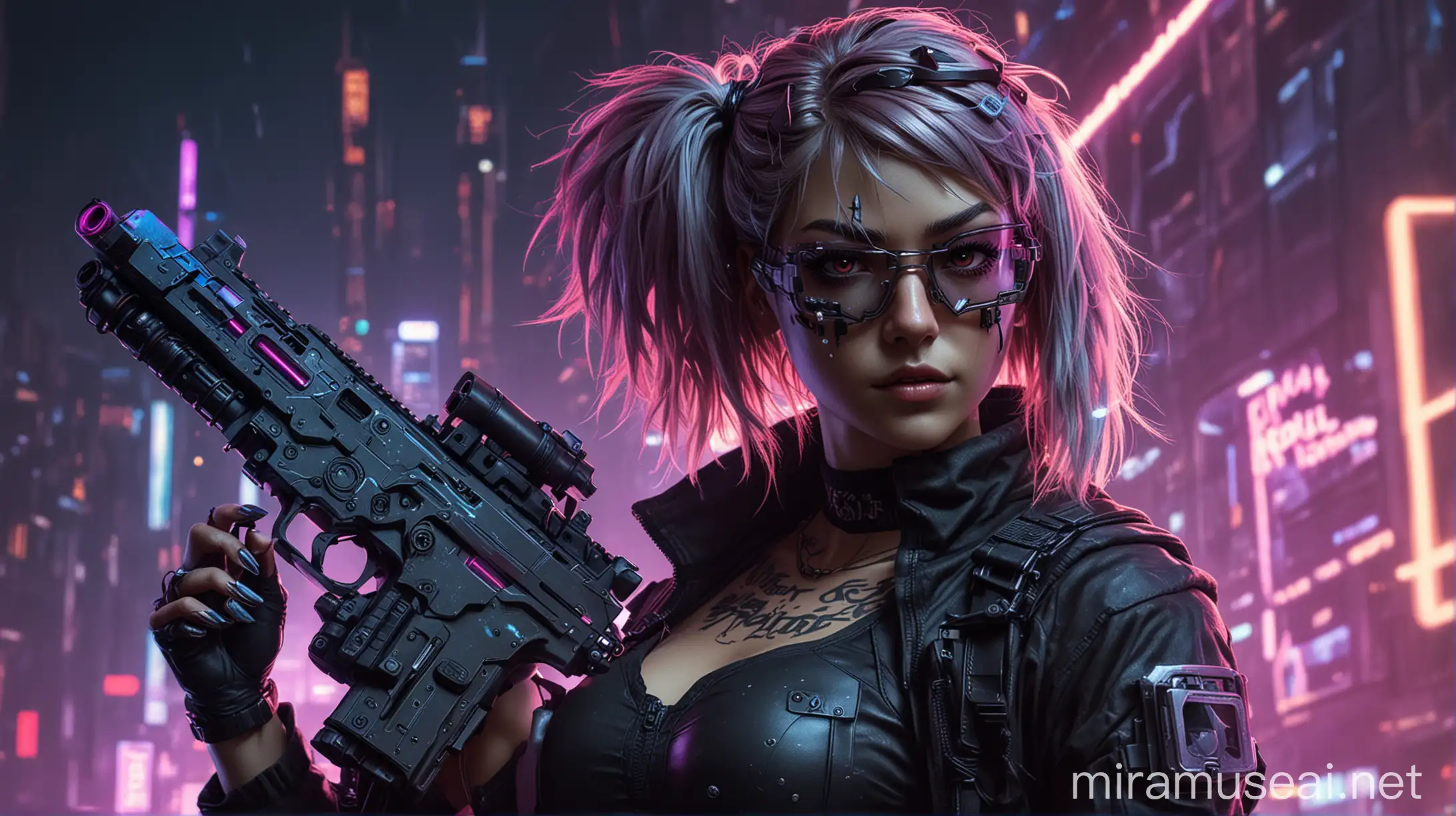 Cyberpunk Girl with Mask and Gun in Neon Holographic Cityscape