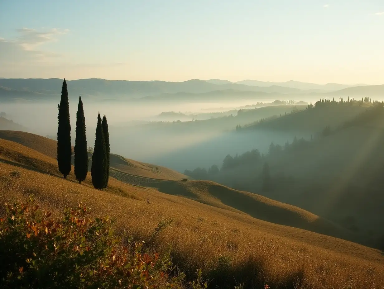 Beautiful countryside panorama early foggy morning in italian tuscany. Autumn rural landscape