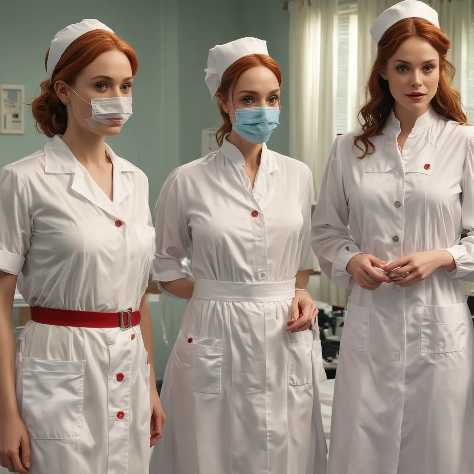 Mothers and Daughters in Modern Nurse Uniforms with Nurse Caps and Face Masks