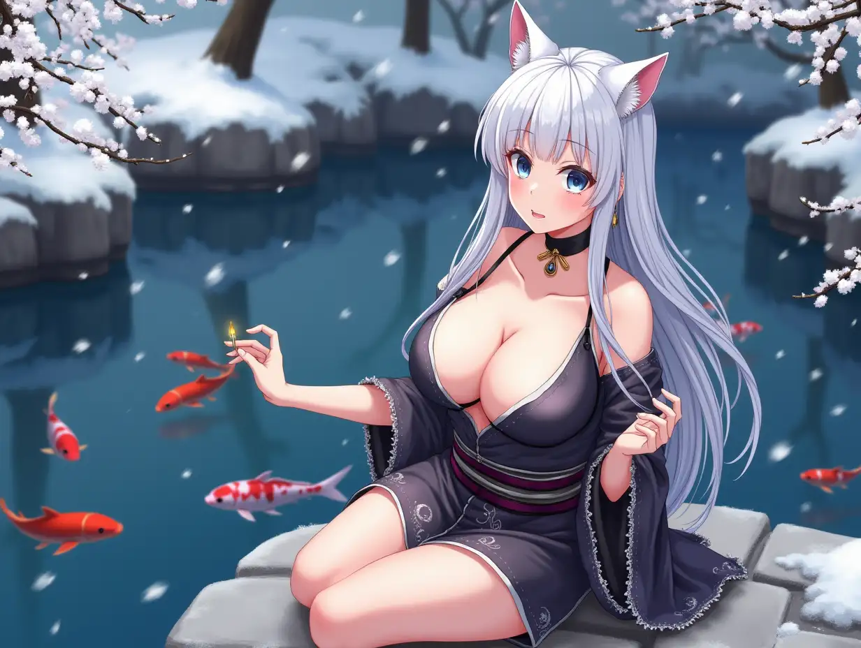 Anime mature adult woman with an hourglass body who looks like she is in her 30's with big breast, extreme cleavage, blue eyes, black and gold earrings, a choker around her neck, long white hair and white cat ears on her head. She is in a extremely revealing Miko outfit in the spring time sitting by a koi fish pond. The background is snowing with Japanese trees blowing in the wind. She light up small laterns for the event tonight.