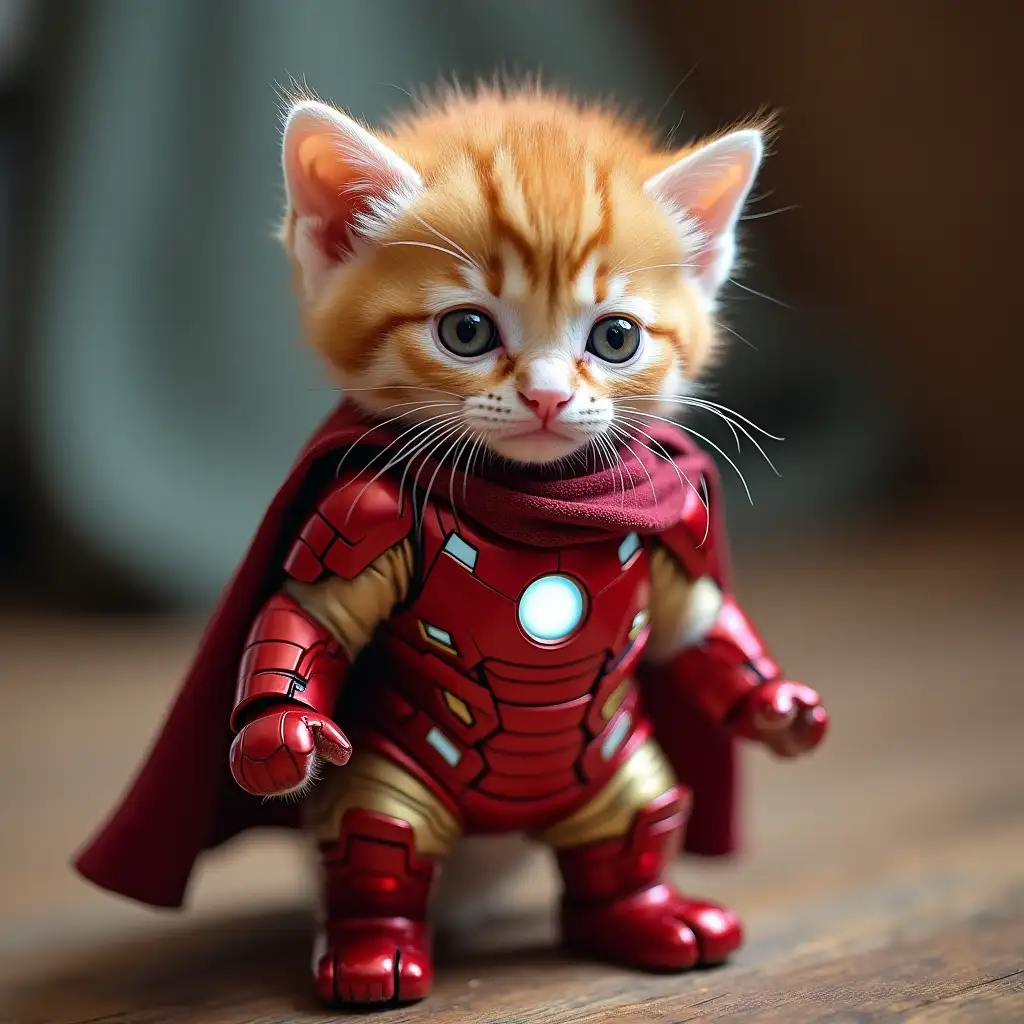 A little baby kitten dressed up as Ironman, cute armor complete with the kitten's head uncovered