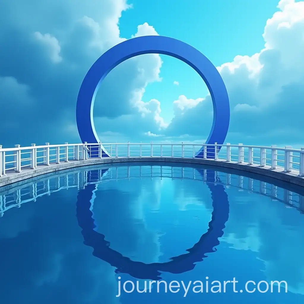 Overhead-View-of-Blue-Bridge-with-White-Railings-Reflecting-on-Lake-Surface