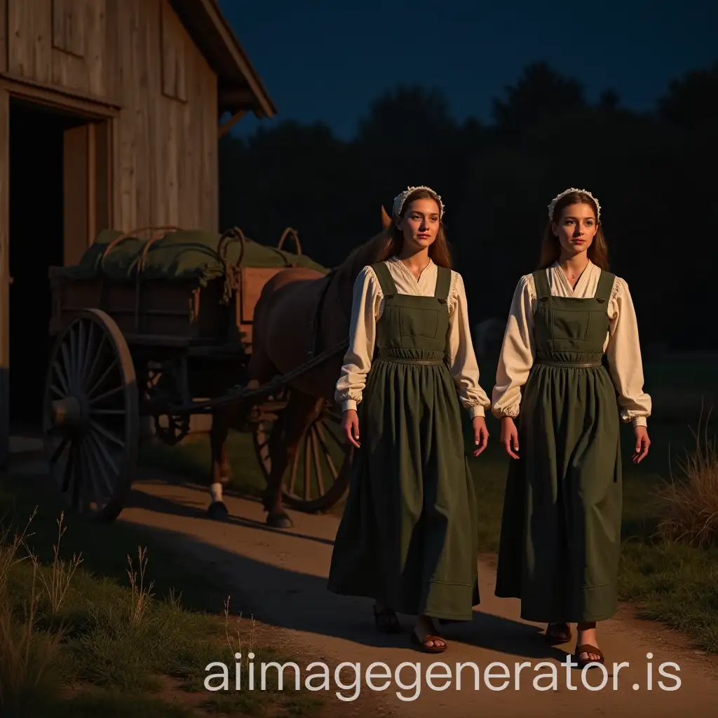 Two-Young-Women-in-Waitress-Outfits-Leaving-Barn-with-HorseDrawn-Cart-at-Night-in-the-Middle-Ages