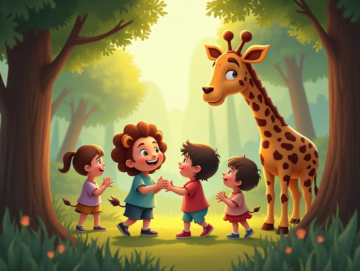 A group of children were playing in the forest. A little lion and a giraffe came to play games with the children.