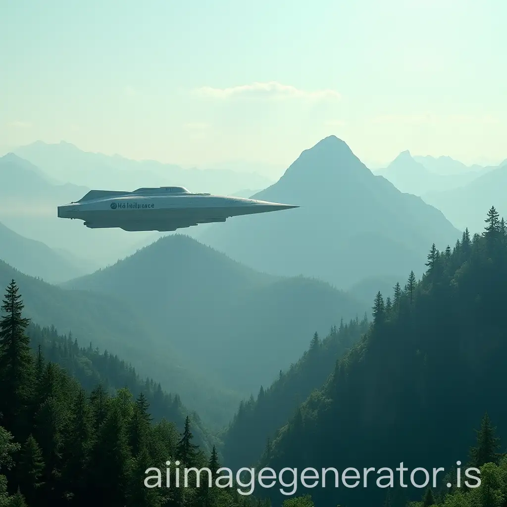 Spaceship-Flying-Over-Green-Mountain-Forests-with-HoliSurface-Text