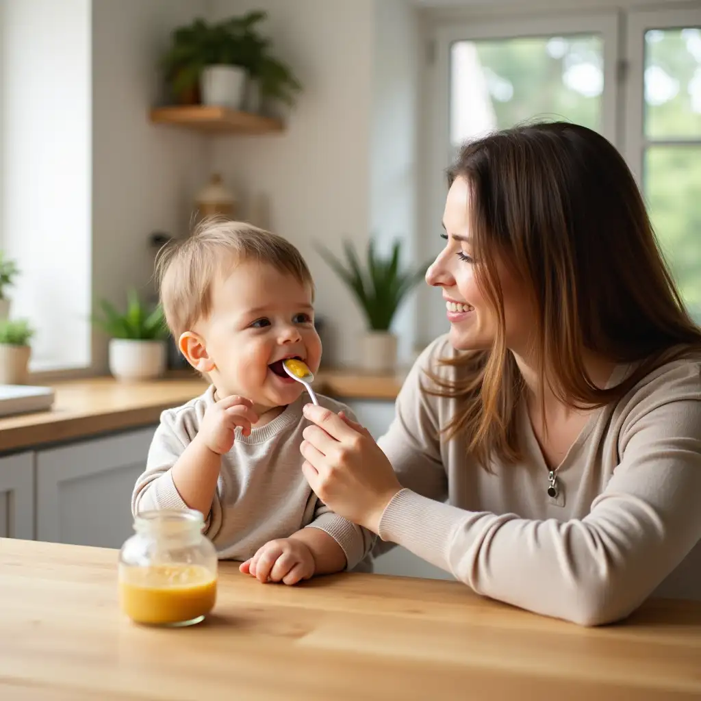 Mother-Feeding-Toddler-in-Cozy-Kitchen-with-Natural-Light