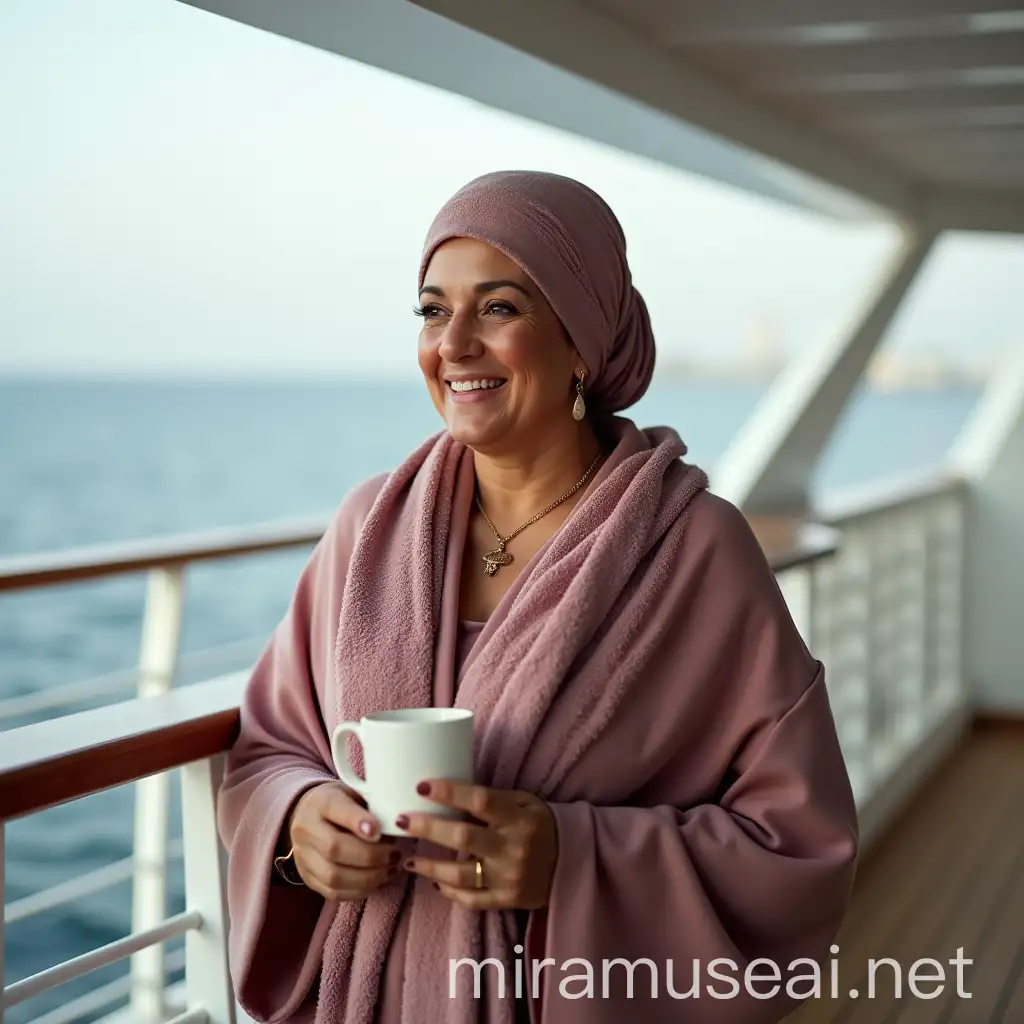 Happy 66YearOld Pakistani Muslim Woman Enjoying Coffee on Luxurious Ship Terrace