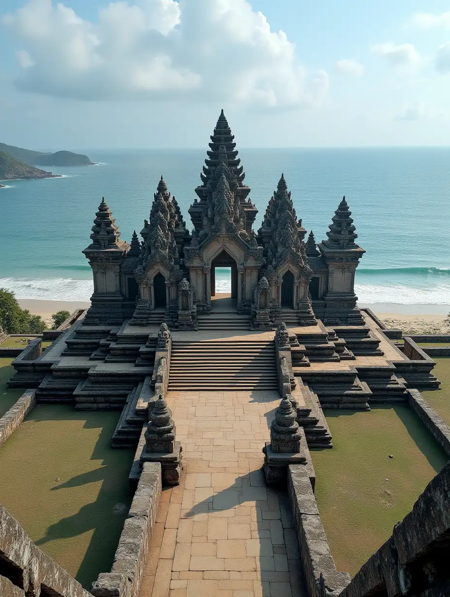 Aerial-View-of-an-Indonesian-Stone-Temple-Complex-on-a-Sandy-Beach