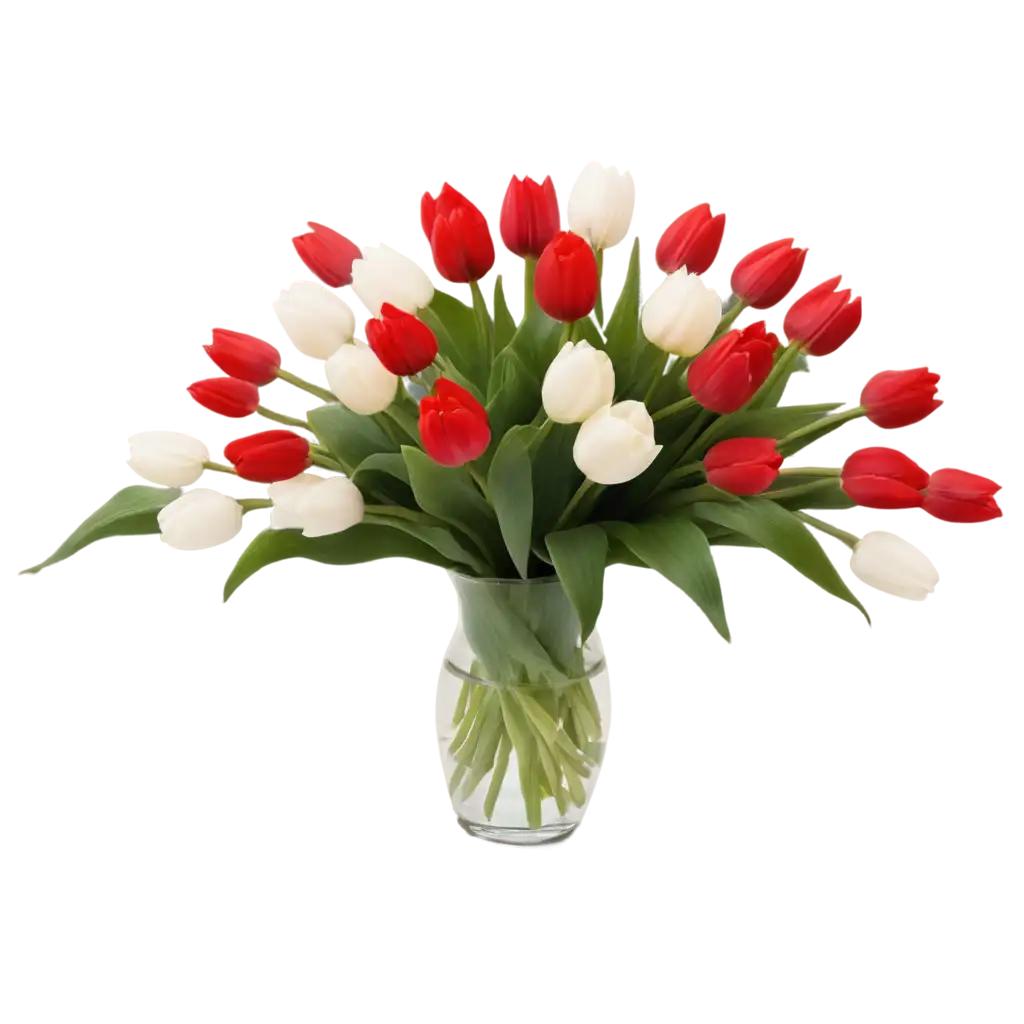 A glass vase of 15 cm high with a bouquet of red and white tulips and red and white roses situated on a dining table.
