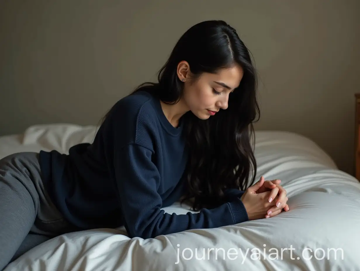 Young-Model-Praying-by-Bed-in-Navy-Sweater-and-Gray-Pants