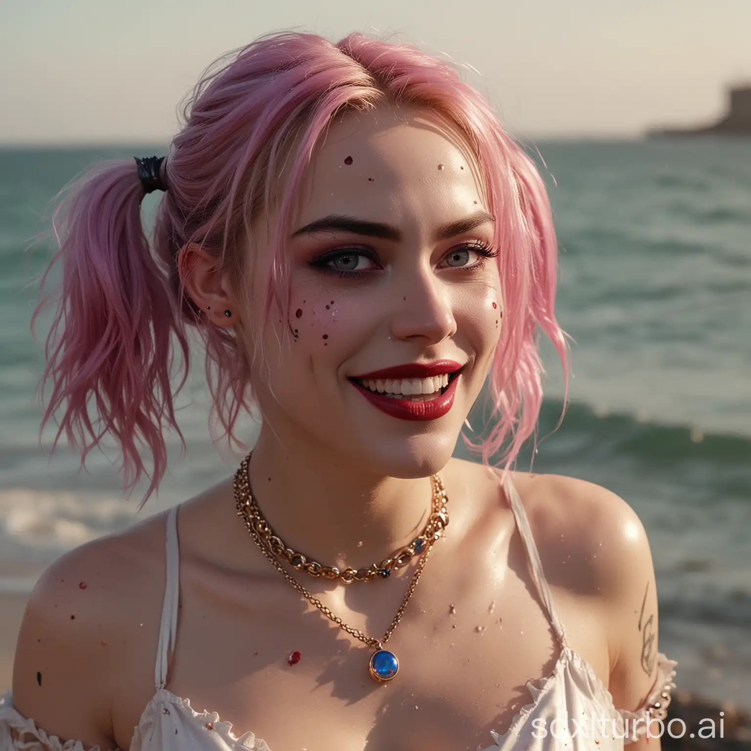 Cinematic-Portrait-of-Harley-Quinn-Laughing-on-Beach-Background