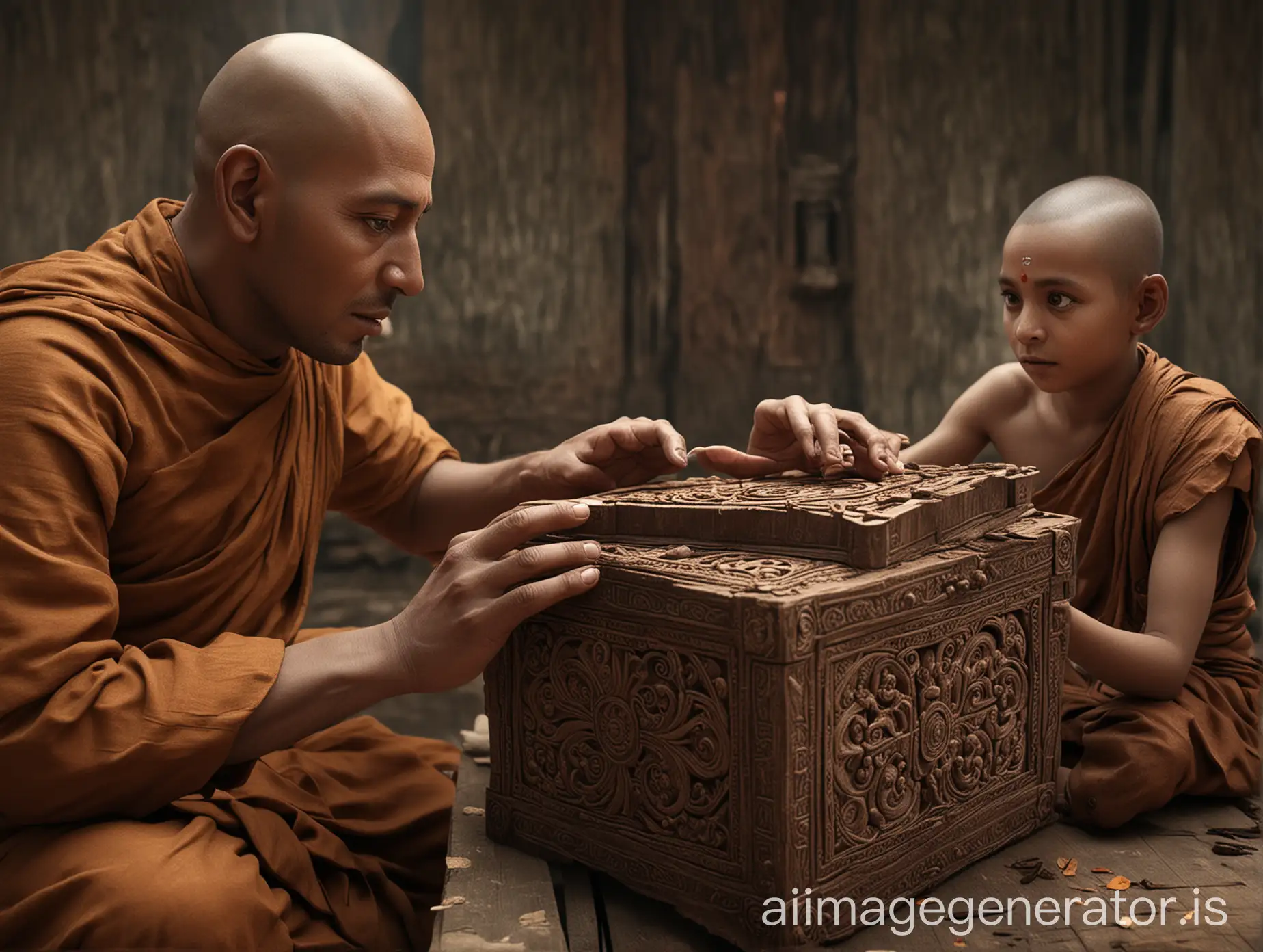 Monk-Presents-Intricately-Designed-Box-to-Indian-Man