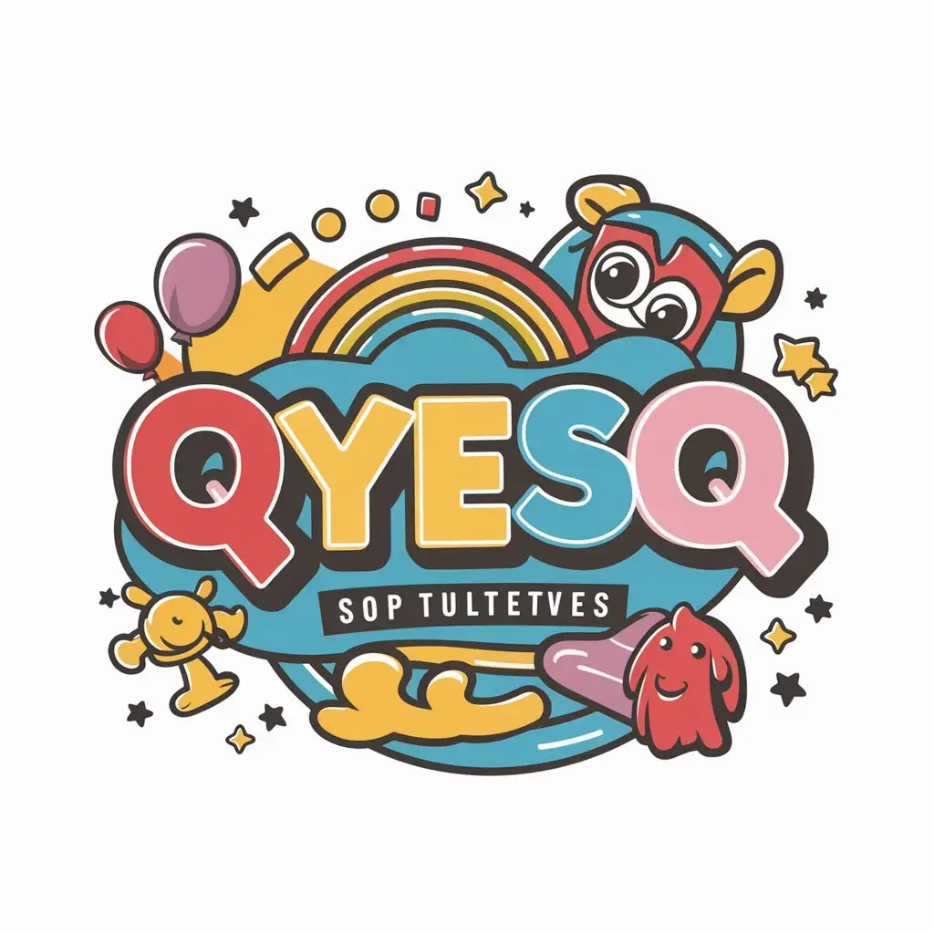 a vector logo design,with the text "QYESQ", main symbol:Create a colorful and captivating banner for the children's YouTube channel named 'QYESQ'. The design should use vibrant and playful colors, and include animated characters, toys, and interesting shapes. Banners should have a cheerful and imaginative appearance, with easily readable text that captures the joy and imagination of childhood. Including elements such as rainbows, balloons, and stars, the banner visually attracts young children and their parents.,Moderate,clear background