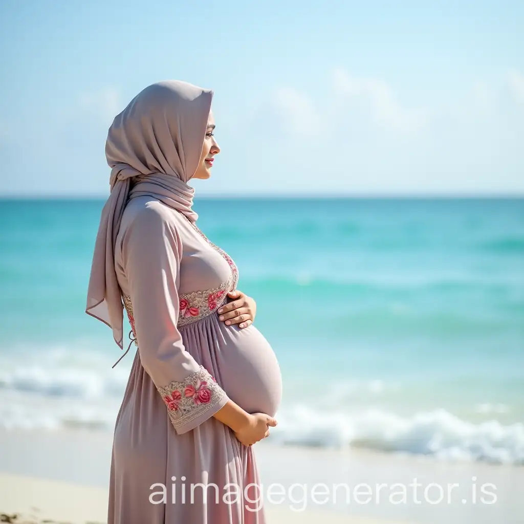 Pregnant-Muslim-Woman-in-Hijab-and-Flower-Dress-Gazing-at-Blue-Sea-on-Beach