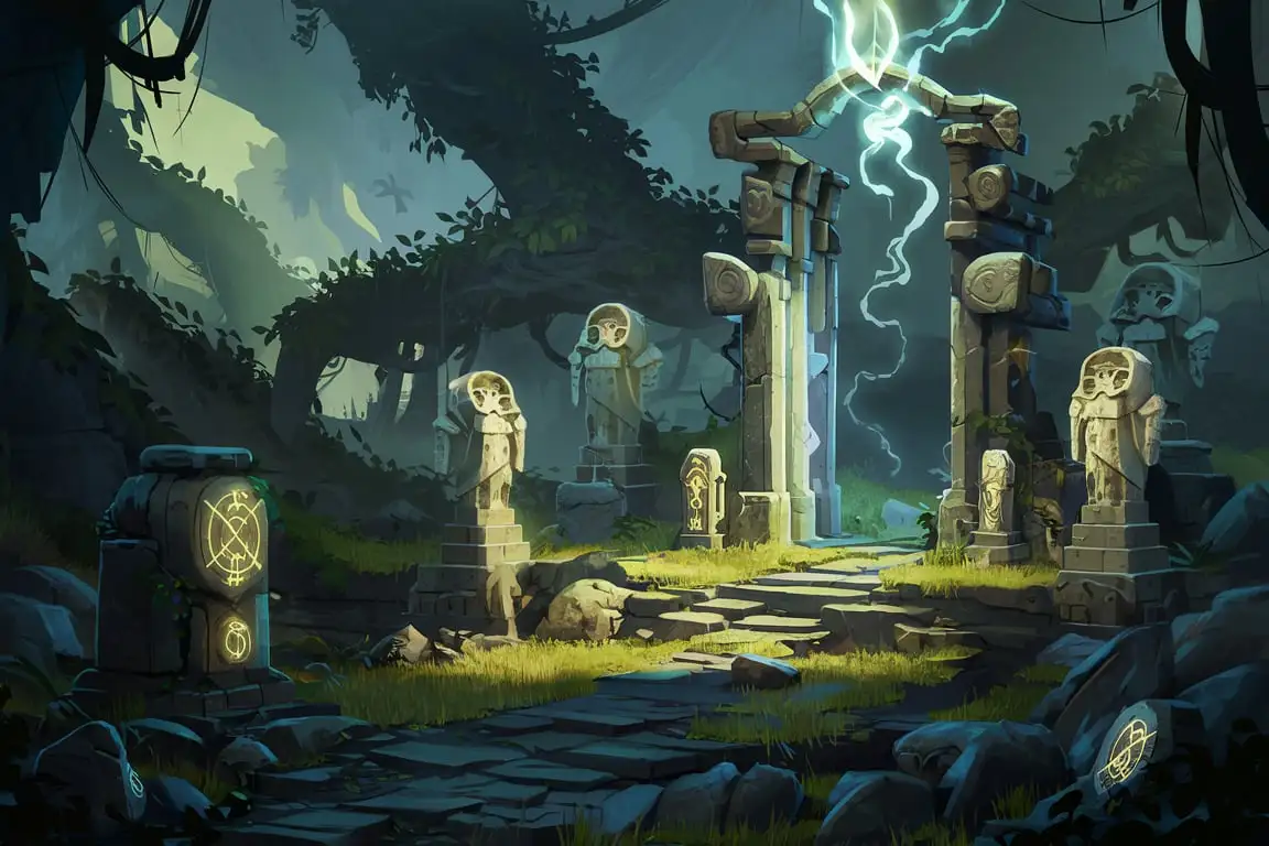 Stylized ARPG Video Game Cover Art Elven Ruins and Ancient Symbols with Glowing Portal