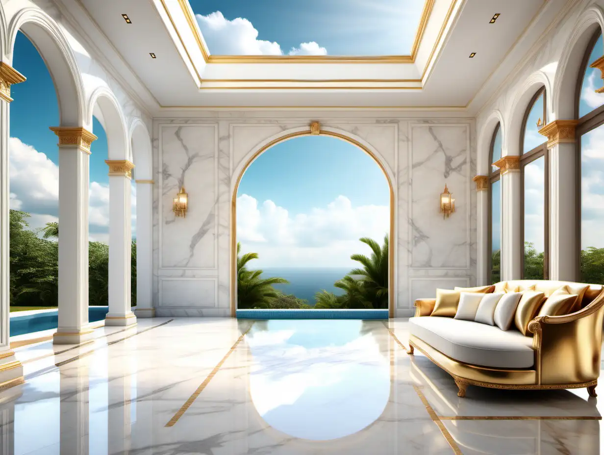 Luxury-Villa-with-White-Marble-Walls-and-Golden-Couch-by-Relaxing-Pool