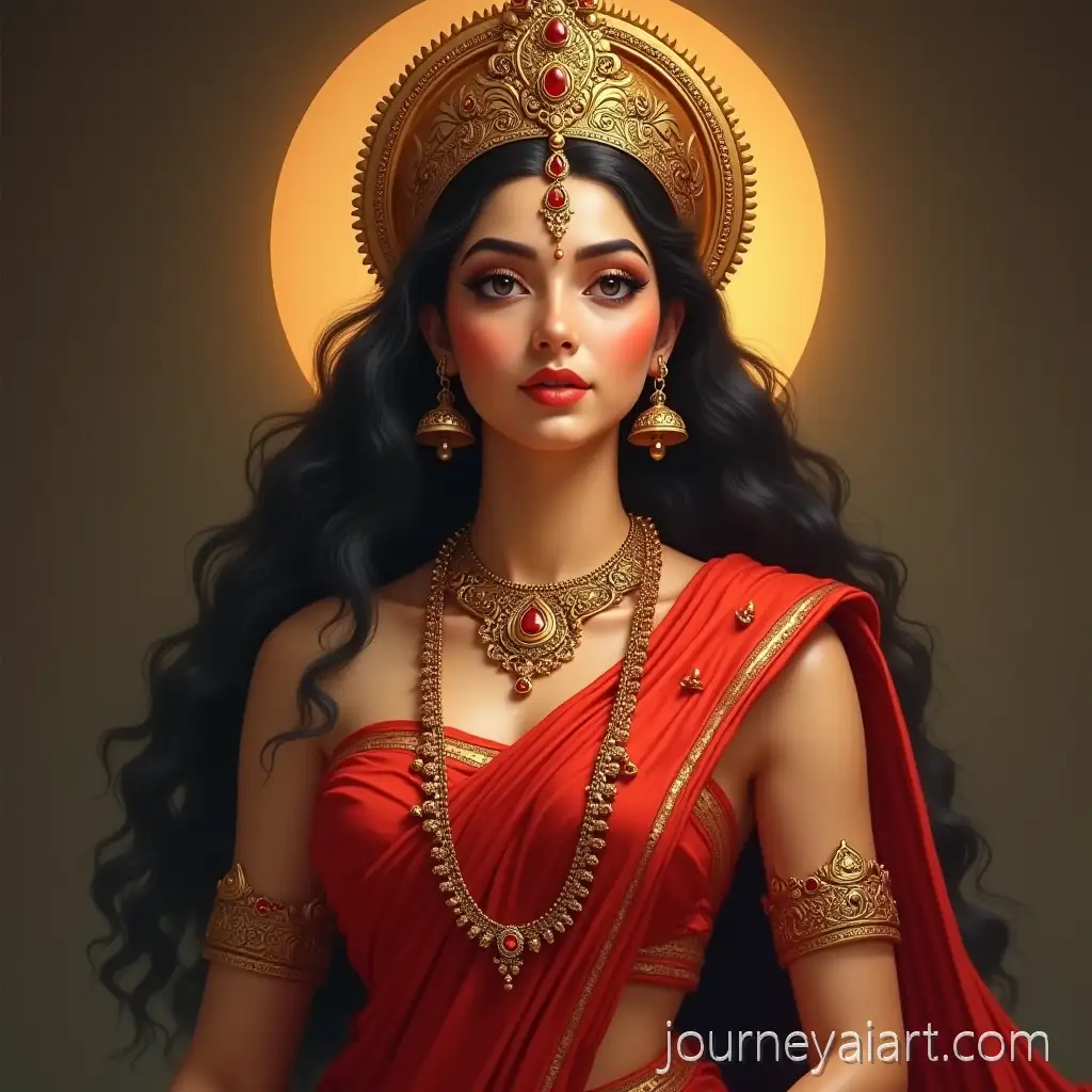 Goddess-Lalita-in-Red-Sari-with-Ruby-Jewelry-and-Crown