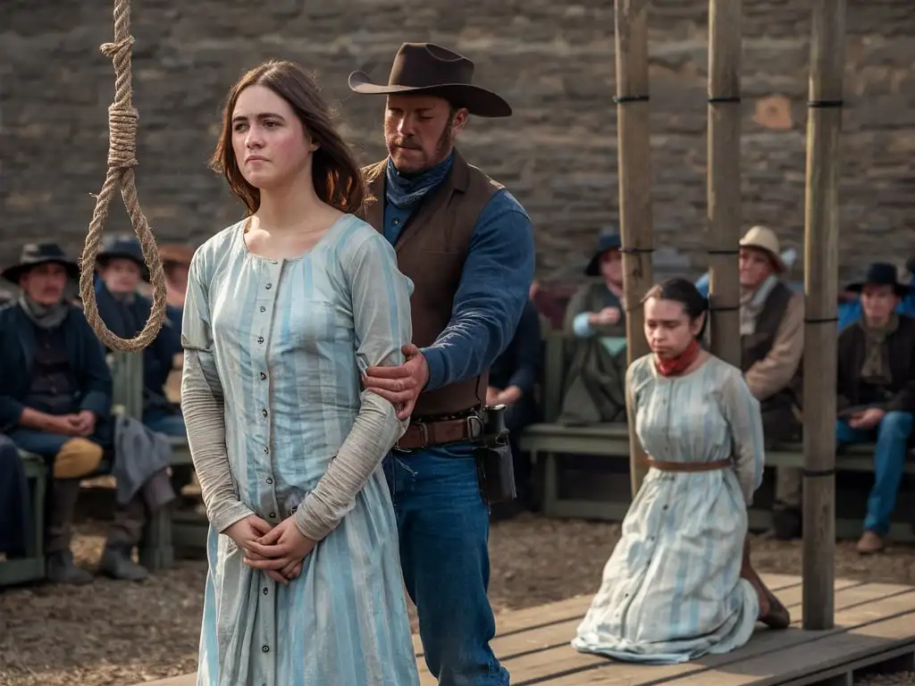 Prisoner Woman with Cowboy Escort in 1800s Texas Prison Yard