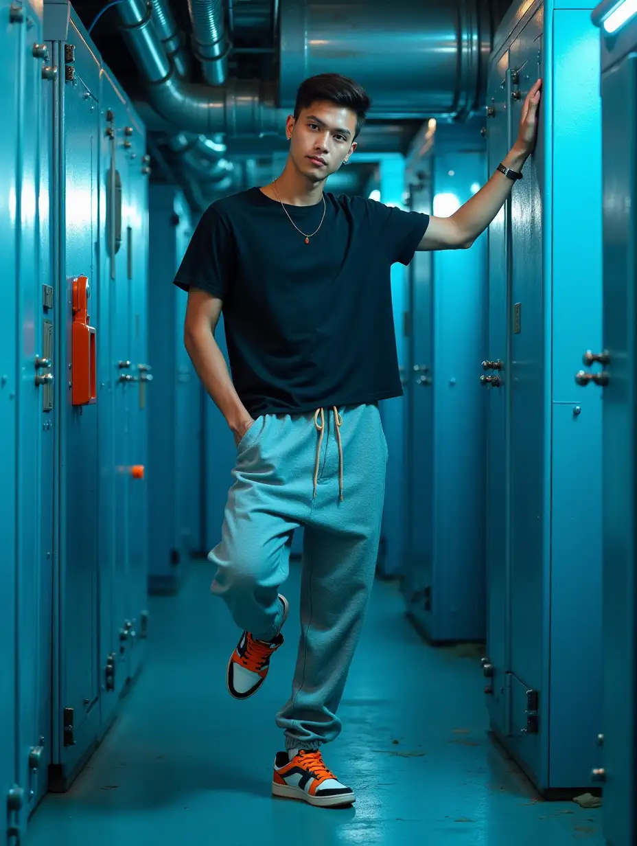 A stylish young man in an industrial, futuristic corridor with blue metallic walls, vents, and intricate piping. He is leaning against the wall in a confident pose, one leg lifted and resting against the surface. He wears modern, loose-fitting gray pants, a black t-shirt, and trendy, colorful sneakers featuring orange, white, and black accents. The lighting is moody and atmospheric, with cool blue tones highlighting the textures of the walls and floor. The scene has a cyberpunk-inspired, urban aesthetic with a sleek, modern design.