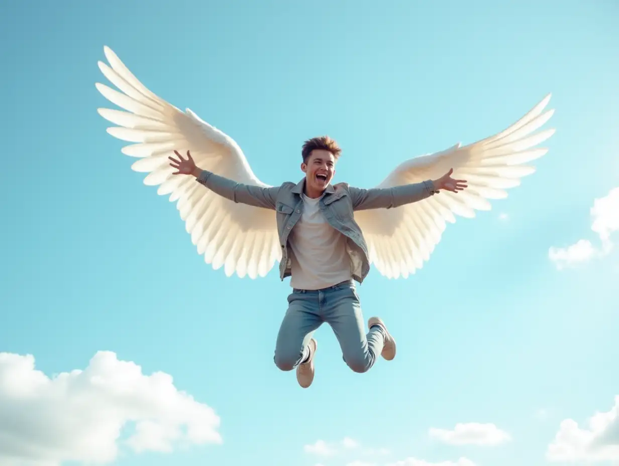 a collage student in casual attire with white wings jumping in the air with the joy and excitement leaning towards the camera in clear sky with some white clouds. photo realistic highly detailed realistic image. Only male student.