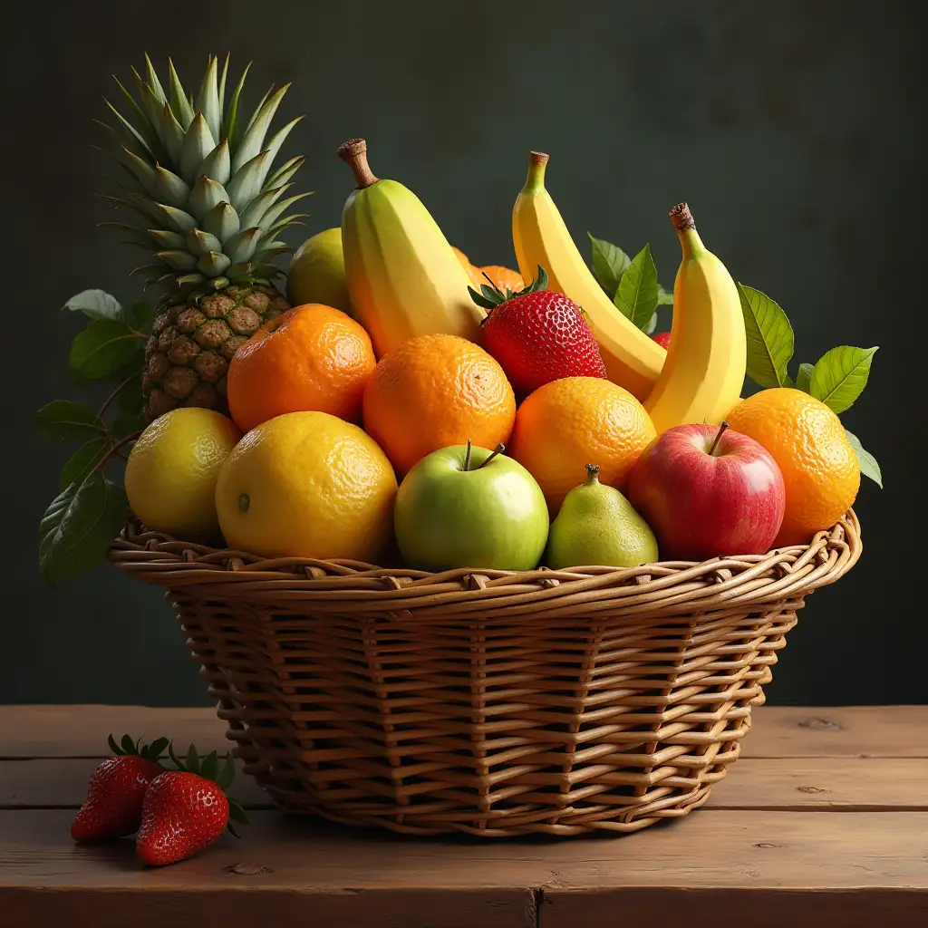 Ultra-detailed hyperrealistic digital painting of fruit basket with impeccable attention to textur,surfaces,and lighting to give depth,dimension,and photoreal look.