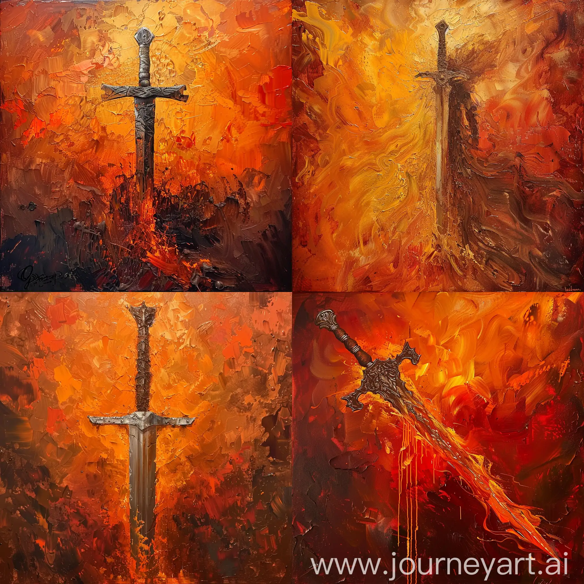 Impressionist-Renaissance-Sword-Painting-in-Vibrant-Orange