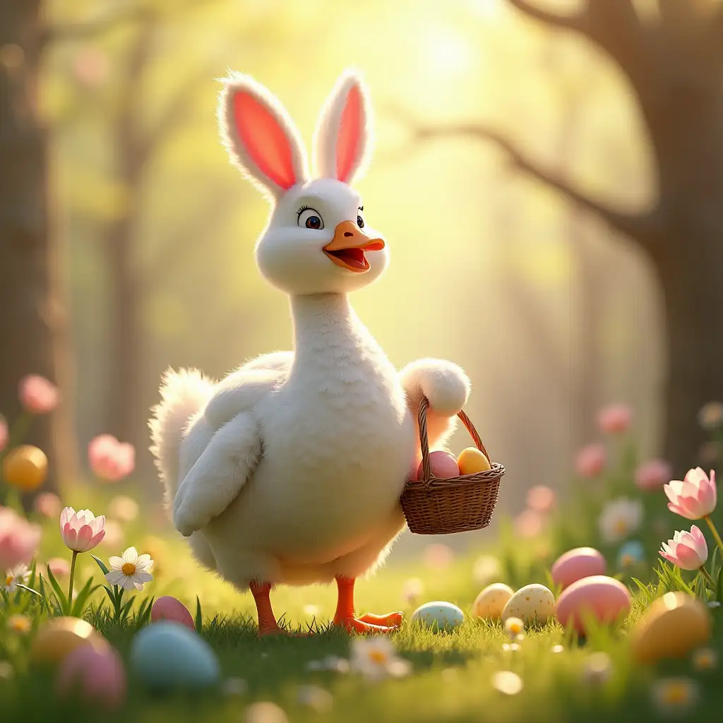 A goose dressed in a Easter rabbit costume, carrying a basket full of colored eggs. This one delivers eggs to happy children in a spring setting, with flowers and the warm light of the sun.