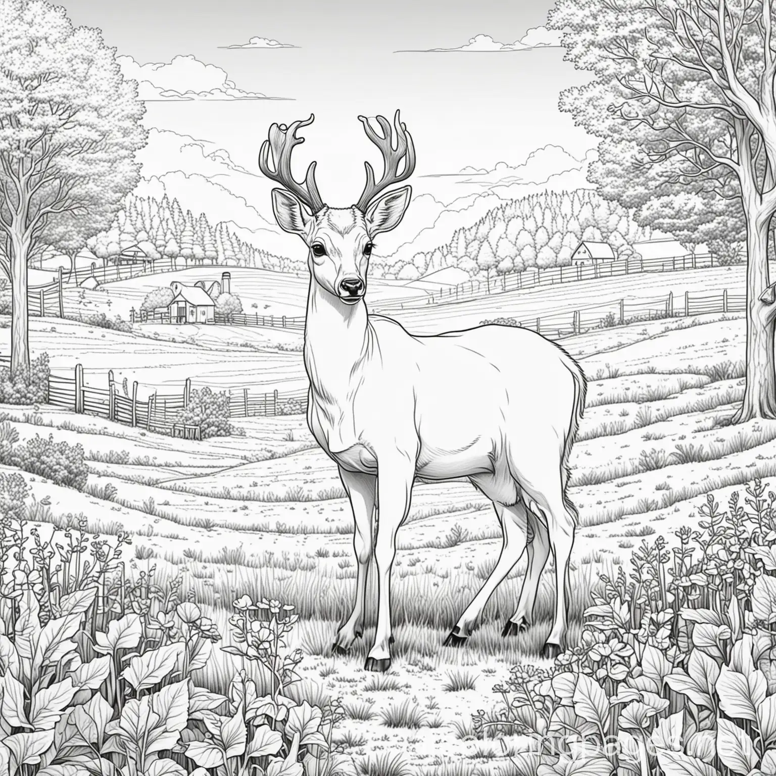 Deer on a farm field, Coloring Page, black and white, line art, white background, Simplicity, Ample White Space. The background of the coloring page is plain white to make it easy for young children to color within the lines. The outlines of all the subjects are easy to distinguish, making it simple for kids to color without too much difficulty