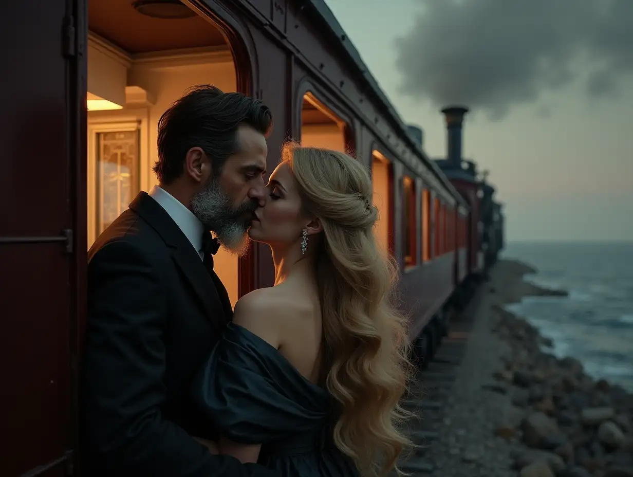 An oil painting man with a grey tidy beard and beautiful woman with long blonde hair are looking from the rear train window of a 1900's steam train, as it slowly moves toward camera, they gently kiss, both dressed in typical formal clothing for the time. The background is an ocean with a story night dark gray, creating an atmosphere of mystery and elegance, --s 500 --v 6.0 --style raw --ar 51:91