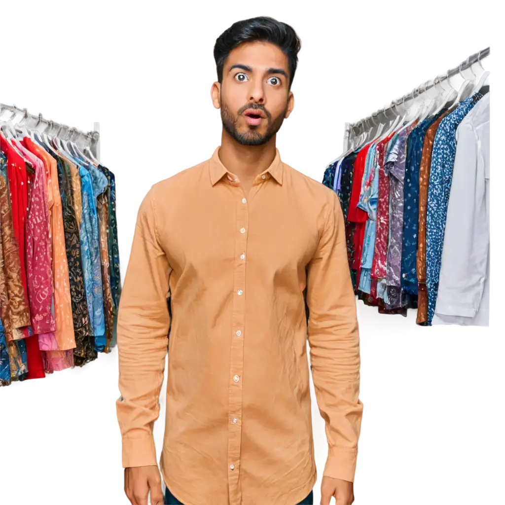 A young Indian man in his 20s, wearing casual modern clothes, standing inside a stylish Indian clothing shop. He has a surprised, shocked expression — wide eyes, open mouth, slightly raised eyebrows — after hearing the low price of a shirt,The background shows racks of colorful, neatly arranged shirts and traditional Indian garments. Bright, welcoming lighting, warm tones.