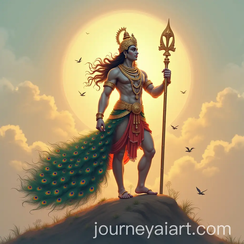 Lord-Murugan-with-Vel-and-Peacock-atop-a-Hill
