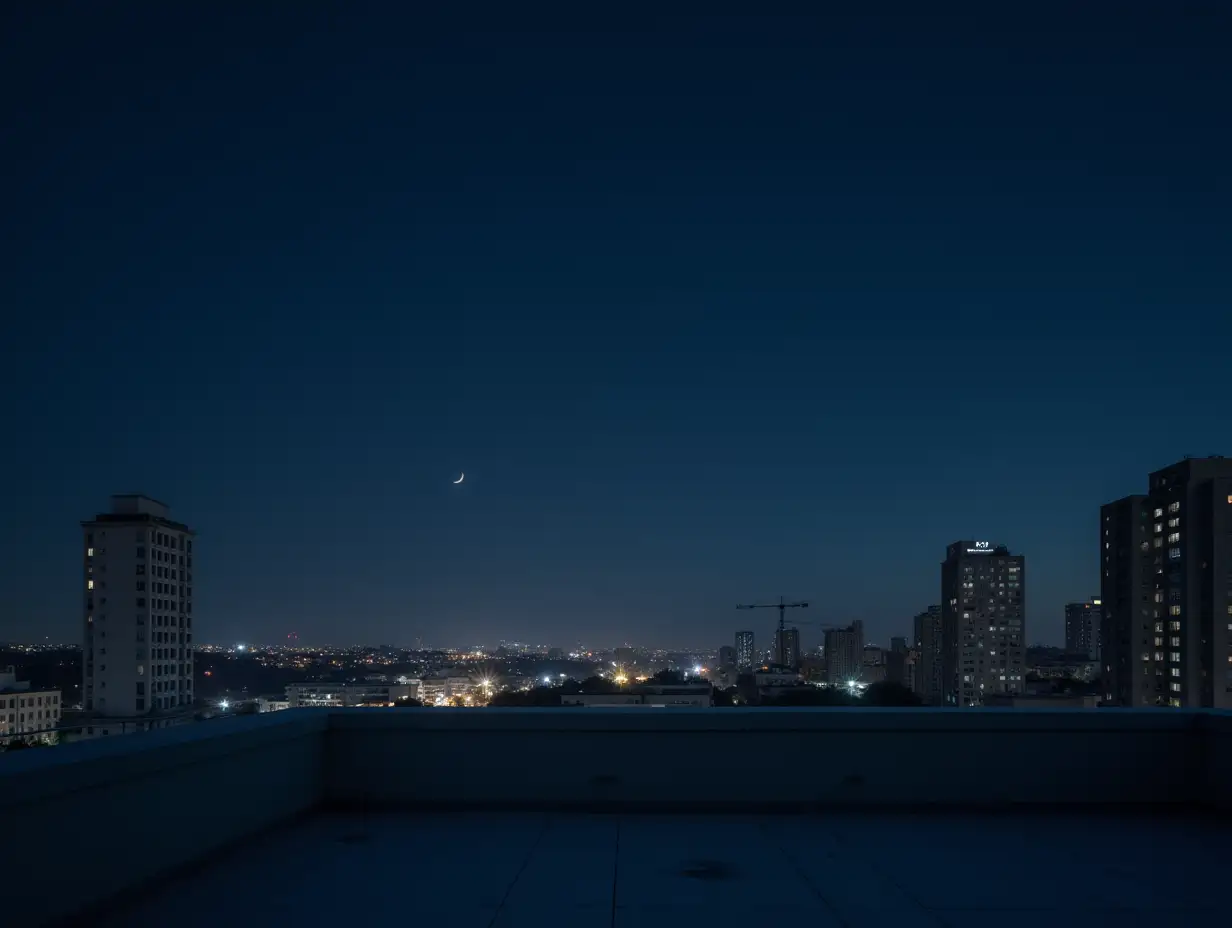 rooftop balcony at the top of a building on a empty night sky without people