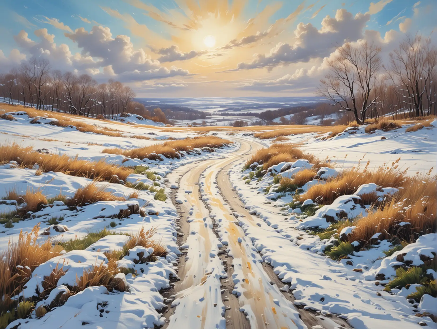 Vibrant-Winter-Landscape-with-SnowCovered-Path-and-Tufts-of-Grass