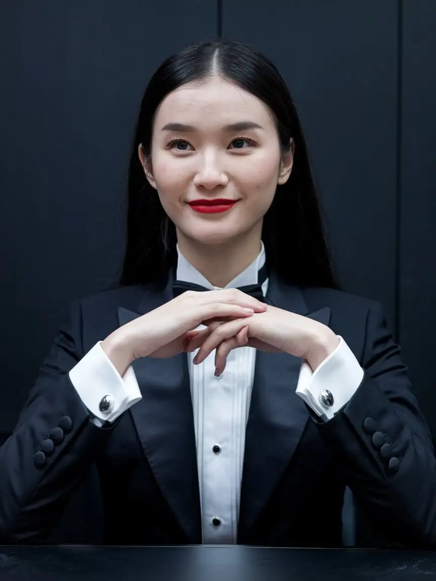 Smiling-Chinese-Woman-in-Tuxedo-with-Red-Lipstick-at-Dark-Room-Table