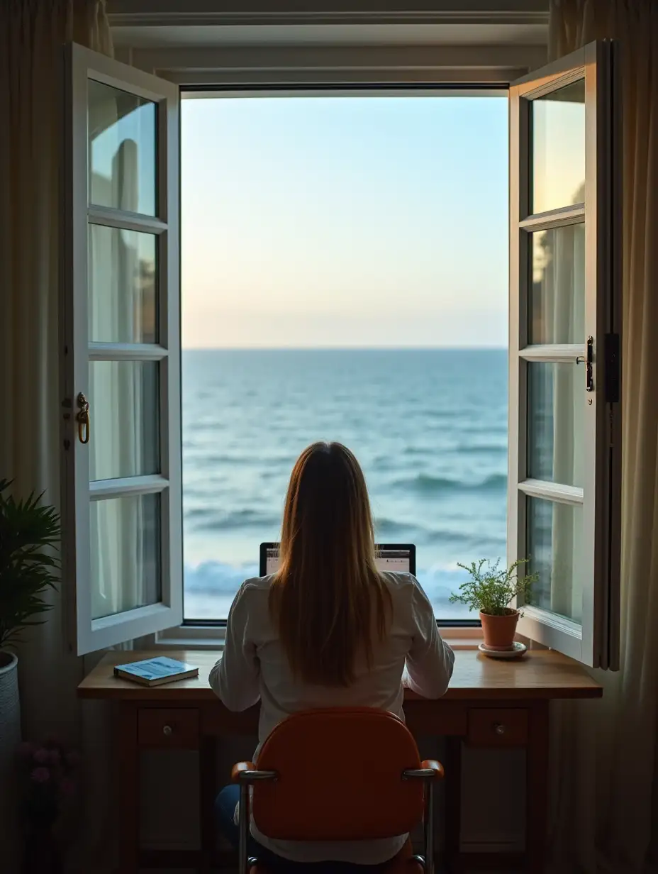 A view of the sea, a woman working from home