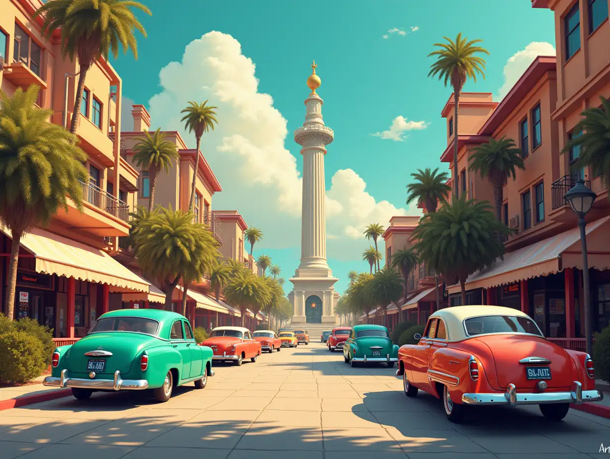 Art Generator surreal city with cars,cafes,shopping center,monument