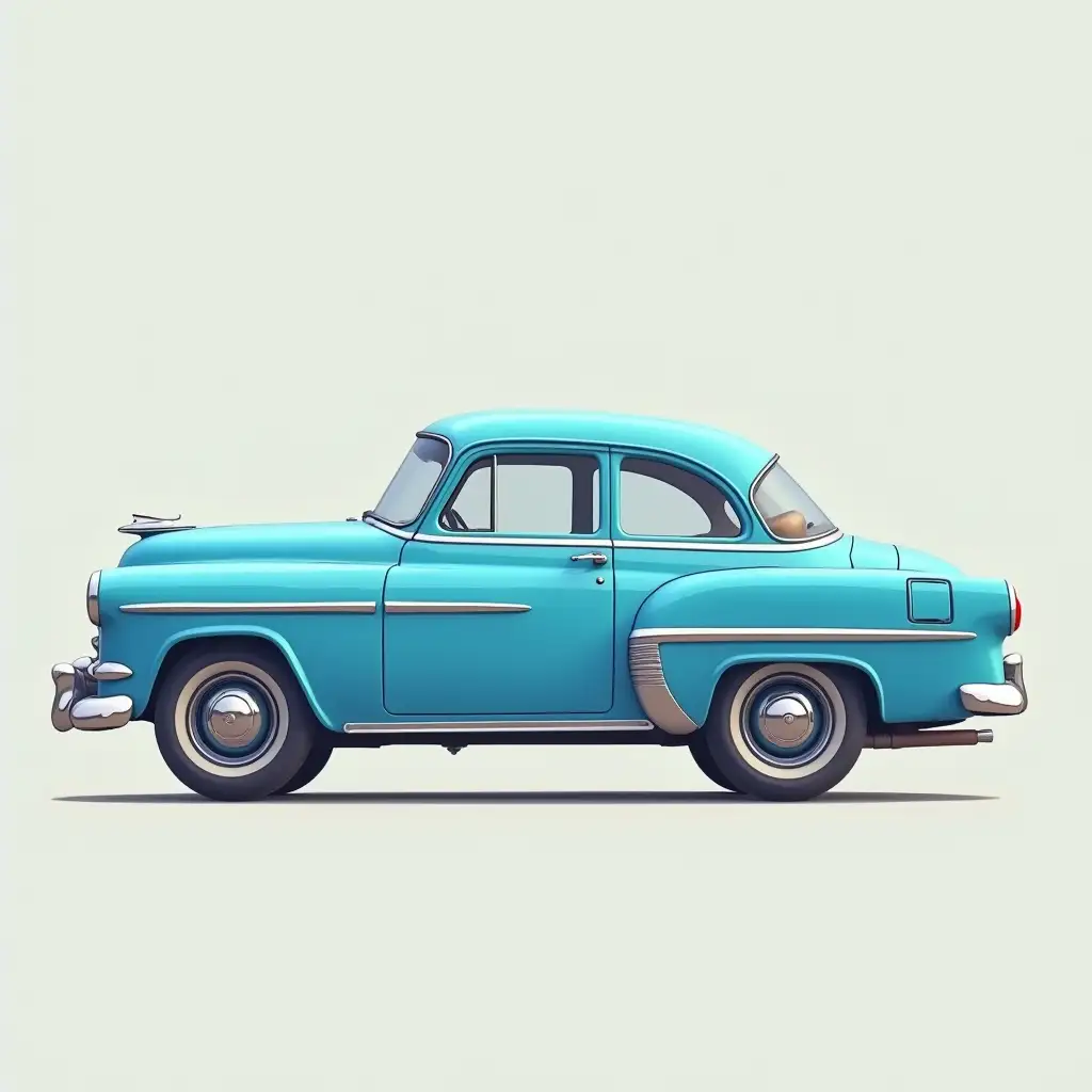 Blue-Old-Car-in-2D-Side-View-with-Flat-Perspective